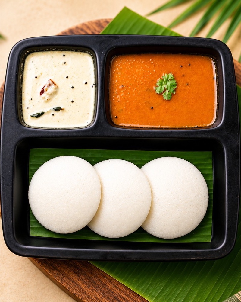 Live Idli with coconut chutney and sambar